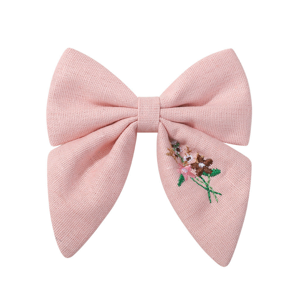 Embroidered Flower Barrettes Handmade Fabric Bow Girls Hair Accessories