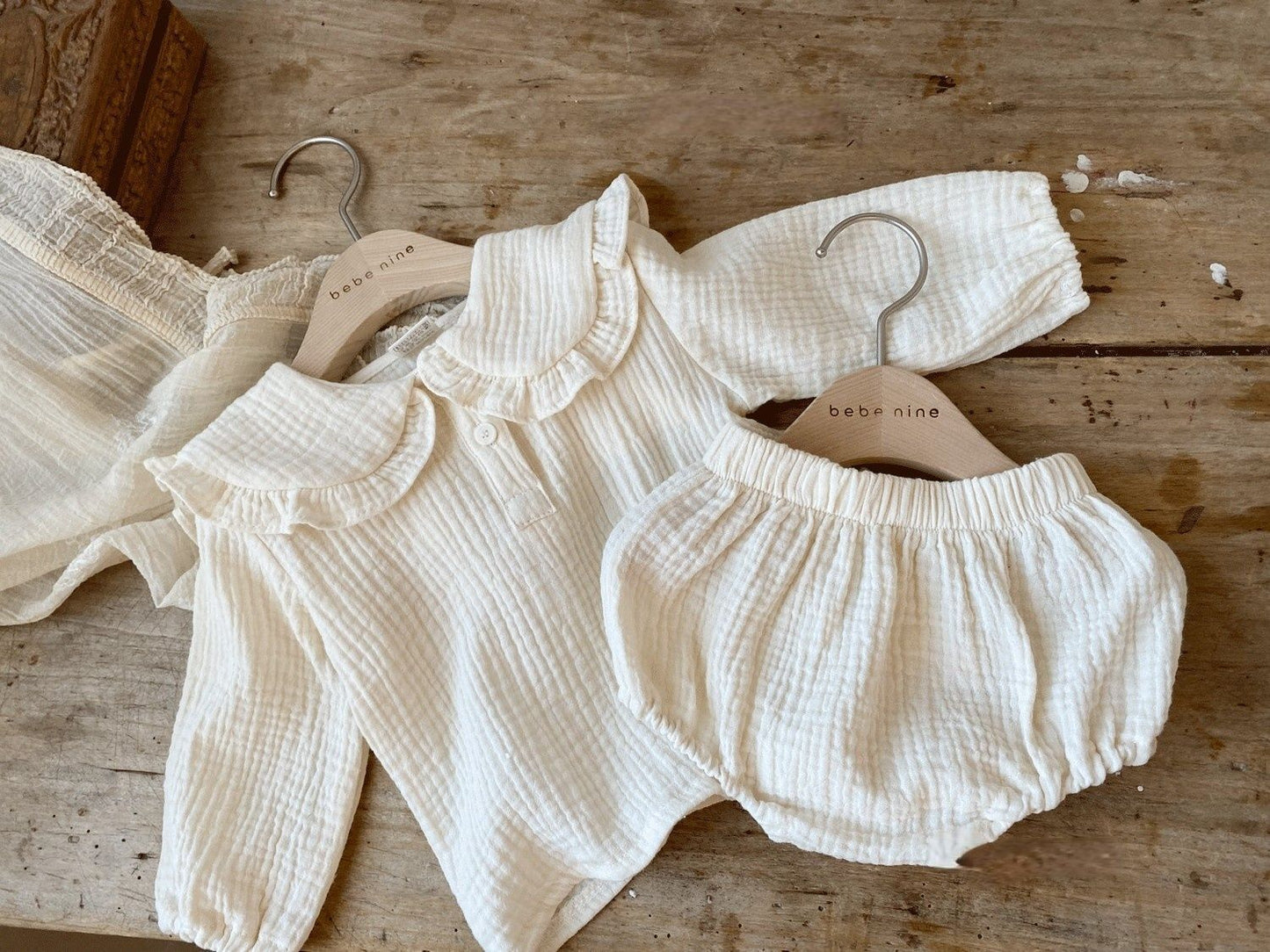 Baby Neutral Linen Style Pull Over Collared blouse and matching bloomer outfit