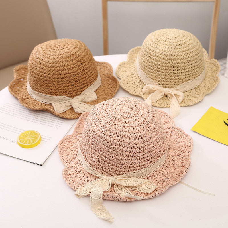 Summer Sunshade Big Brim Sun-proof Children's Woven Straw Hat with Scallop Trim