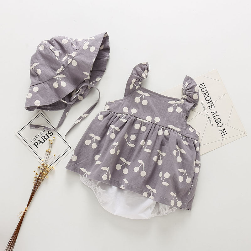 Baby girl infant toddler cherry boho spring summer onesie with matching sun hat