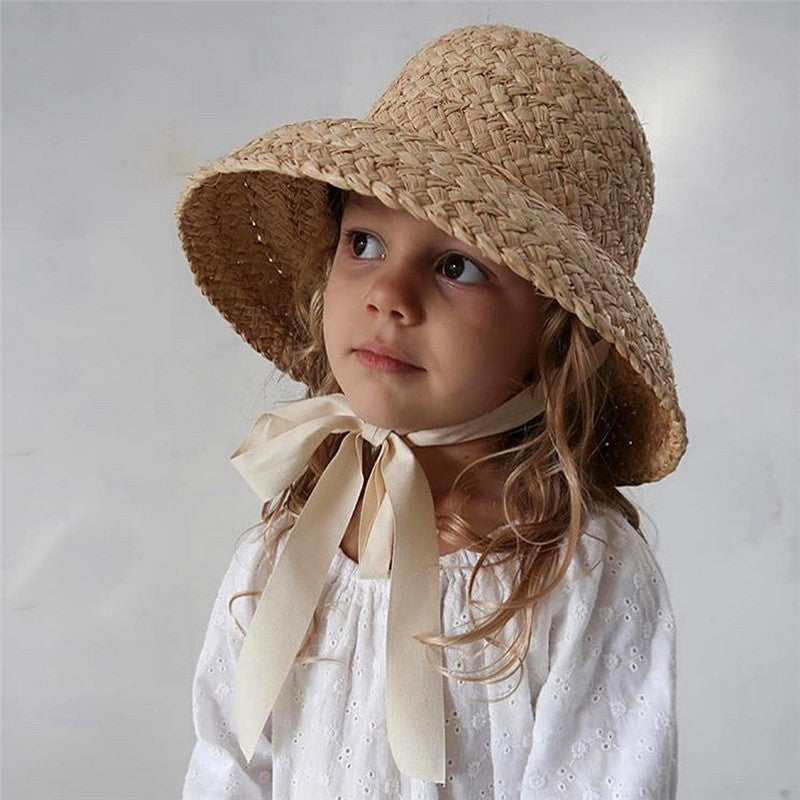 French Cottage Children's Woven Straw Bucket Hat with Ribbon Tie