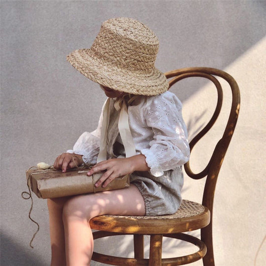 French Cottage Children's Woven Straw Bucket Hat with Ribbon Tie