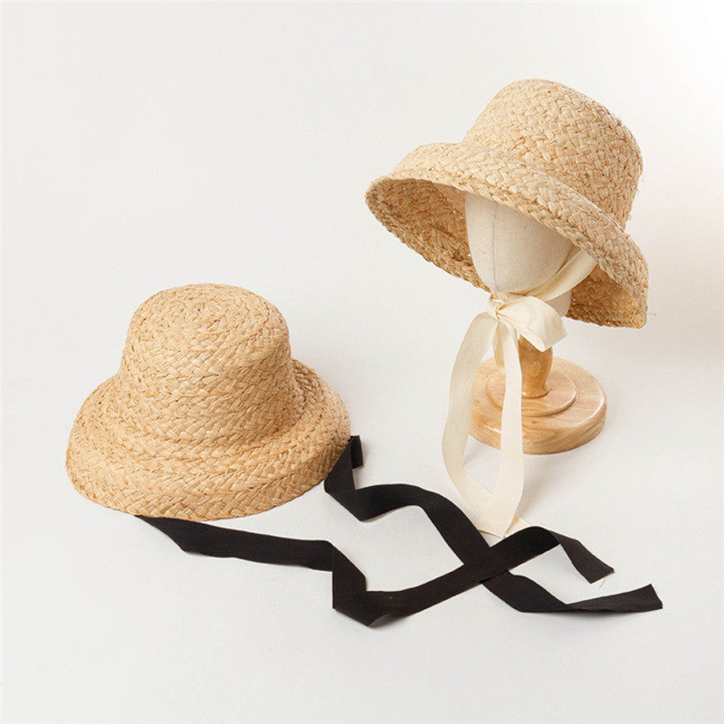 French Cottage Children's Woven Straw Bucket Hat with Ribbon Tie