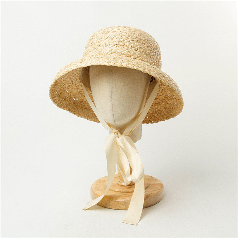 French Cottage Children's Woven Straw Bucket Hat with Ribbon Tie