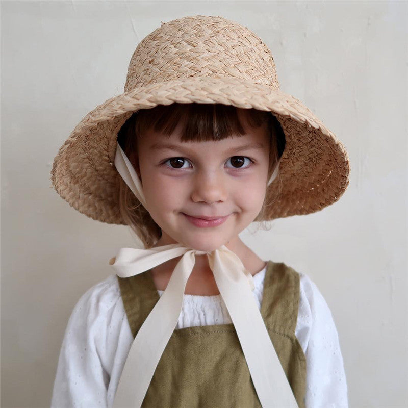French Cottage Children's Woven Straw Bucket Hat with Ribbon Tie