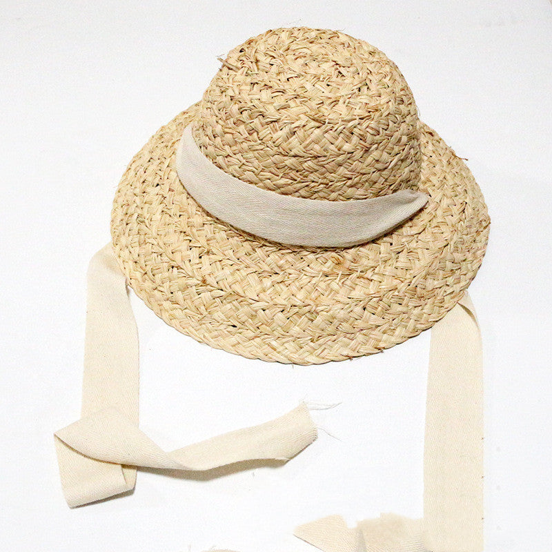 French Cottage Children's Woven Straw Bucket Hat with Ribbon Tie