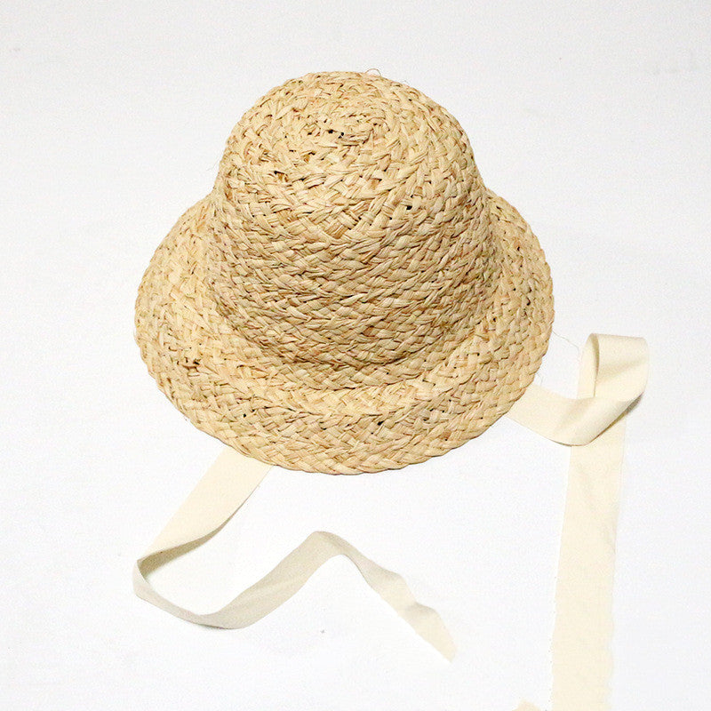 French Cottage Children's Woven Straw Bucket Hat with Ribbon Tie