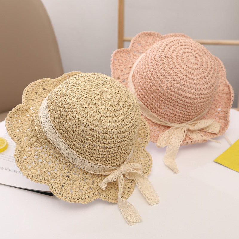 Summer Sunshade Big Brim Sun-proof Children's Woven Straw Hat with Scallop Trim