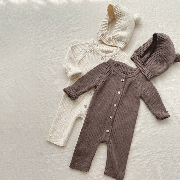Long One Piece Button Down Rib Knit Baby Bodysuit Sweater with matching beanie