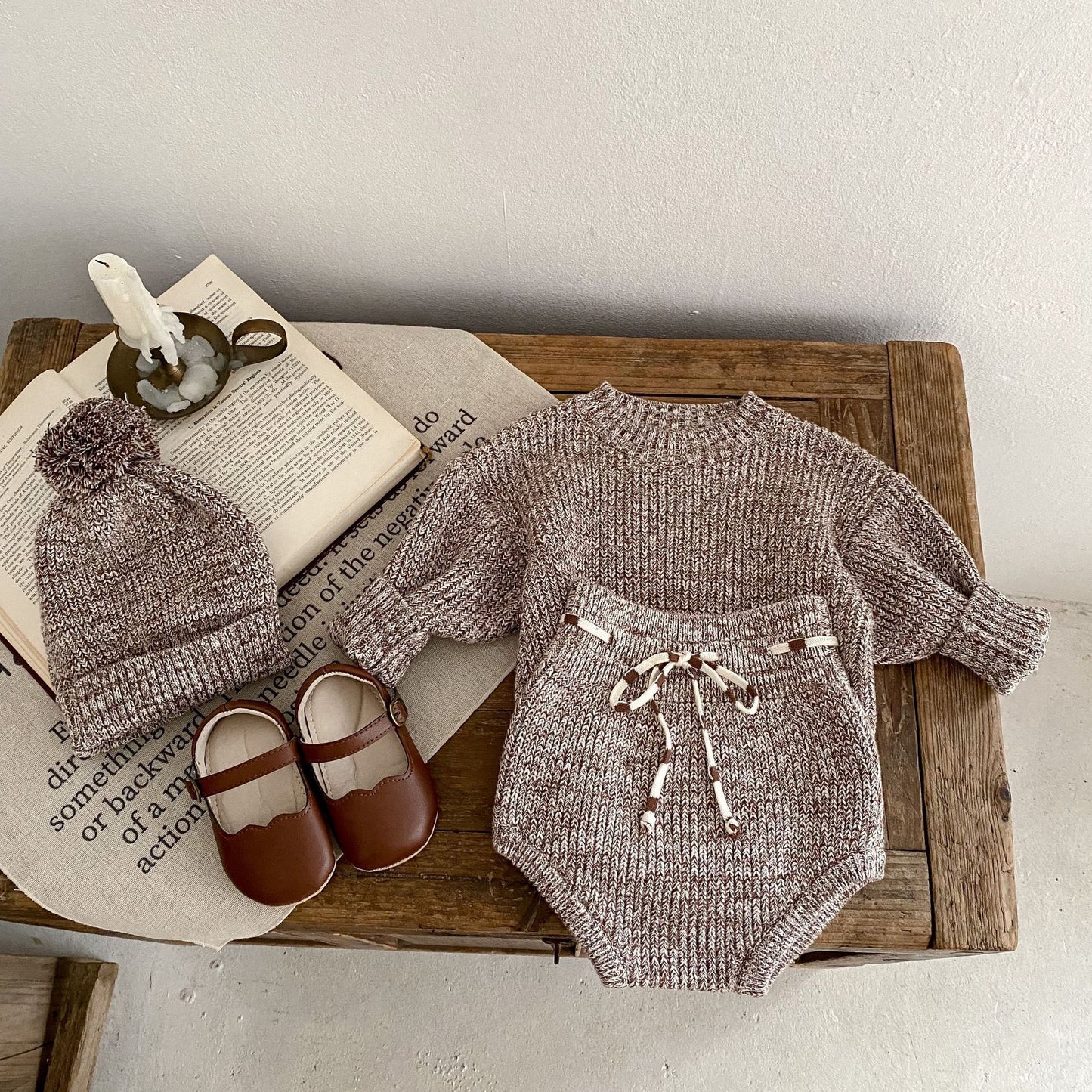 3 Piece Knit Baby Pull over sweater with matching Baby bloomer and Beanie