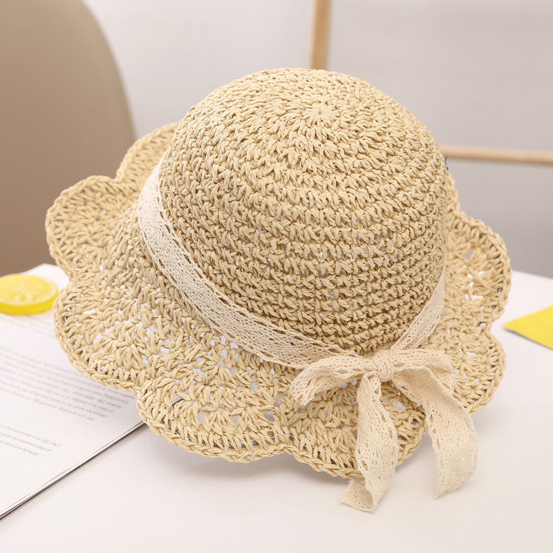 Summer Sunshade Big Brim Sun-proof Children's Woven Straw Hat with Scallop Trim