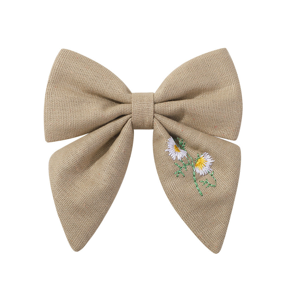 Embroidered Flower Barrettes Handmade Fabric Bow Girls Hair Accessories