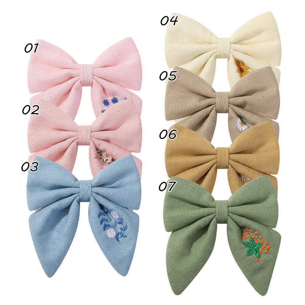 Embroidered Flower Barrettes Handmade Fabric Bow Girls Hair Accessories
