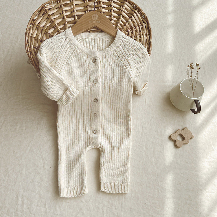 Long One Piece Button Down Rib Knit Baby Bodysuit Sweater with matching beanie