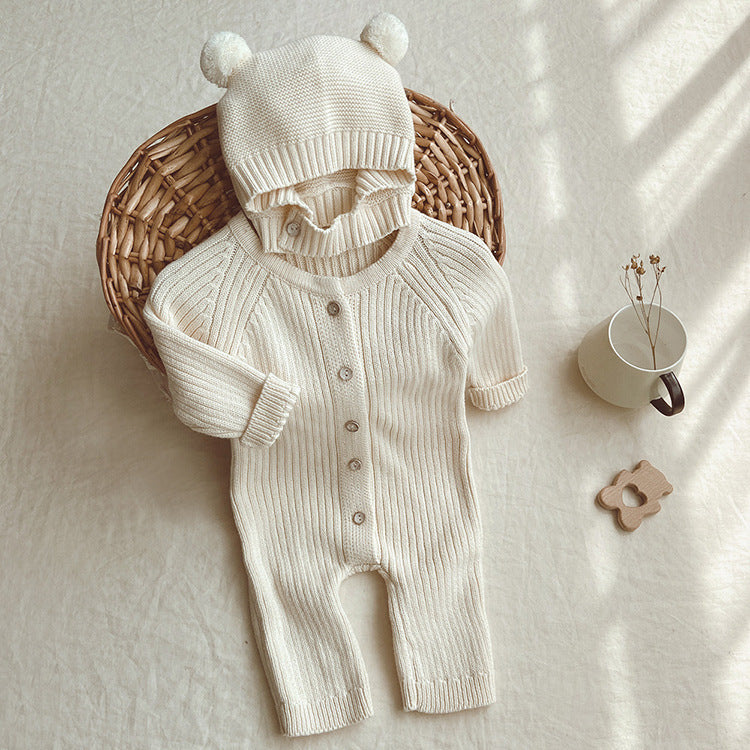Long One Piece Button Down Rib Knit Baby Bodysuit Sweater with matching beanie