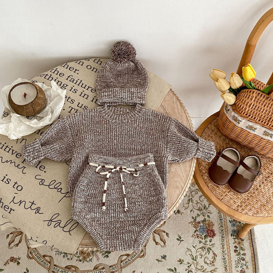 3 Piece Knit Baby Pull over sweater with matching Baby bloomer and Beanie
