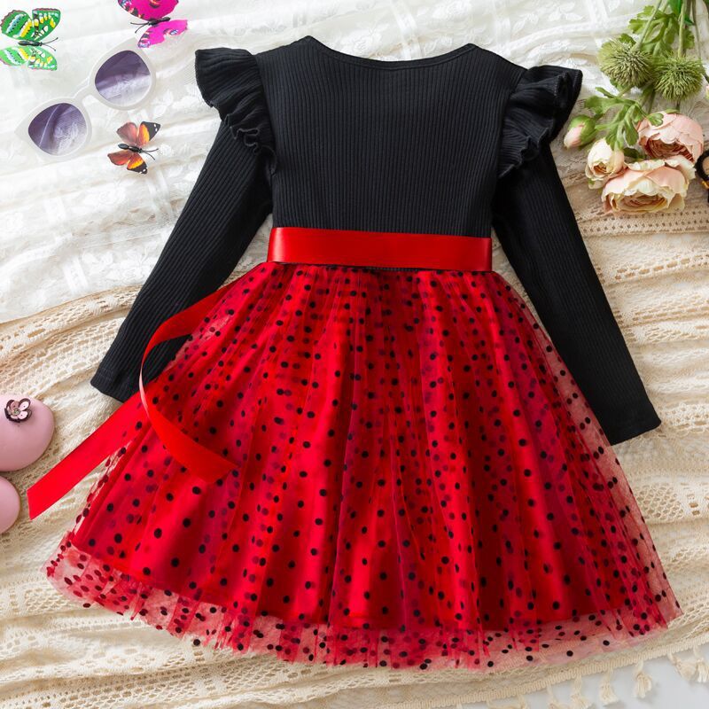 Ribbed Long Sleeve Dot Skirt Mesh Girls Dress Fall and Winter
