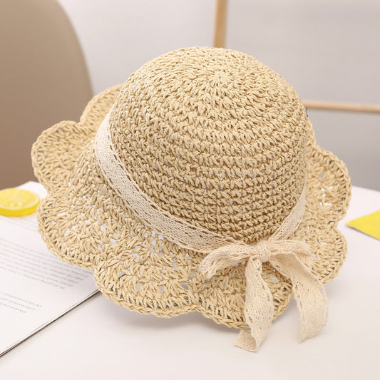 Summer Sunshade Big Brim Sun-proof Children's Woven Straw Hat with Scallop Trim
