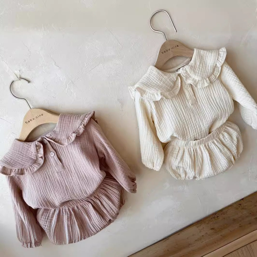 Baby Neutral Linen Style Pull Over Collared blouse and matching bloomer outfit