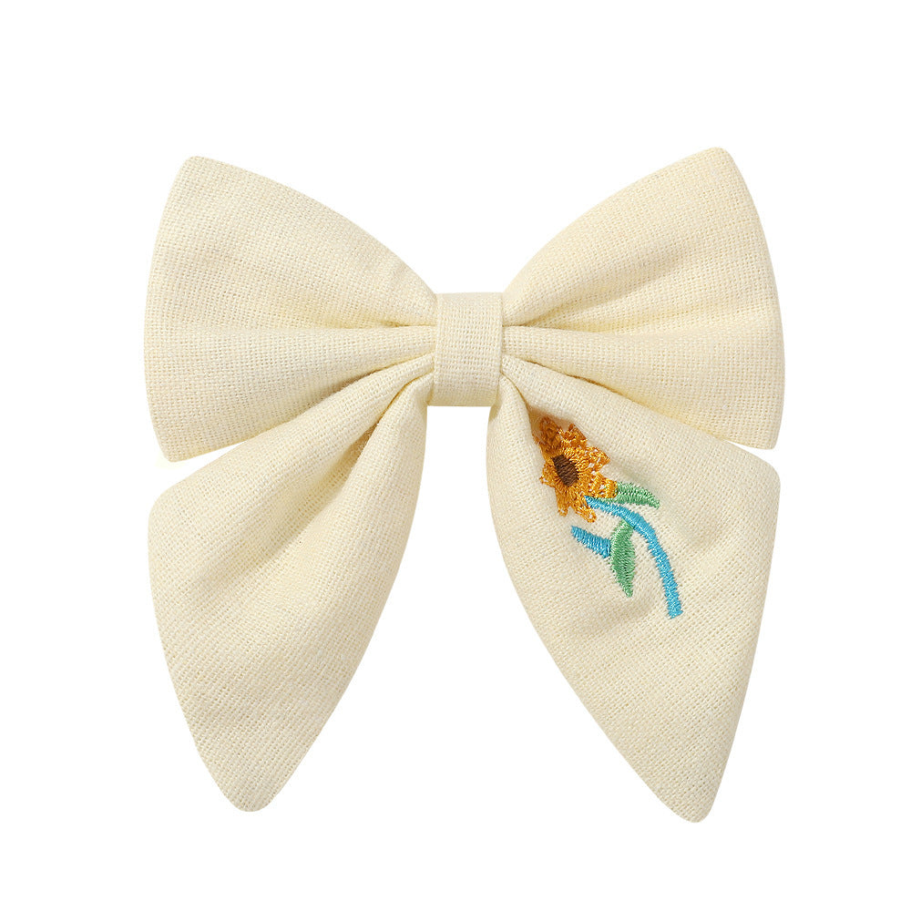 Embroidered Flower Barrettes Handmade Fabric Bow Girls Hair Accessories
