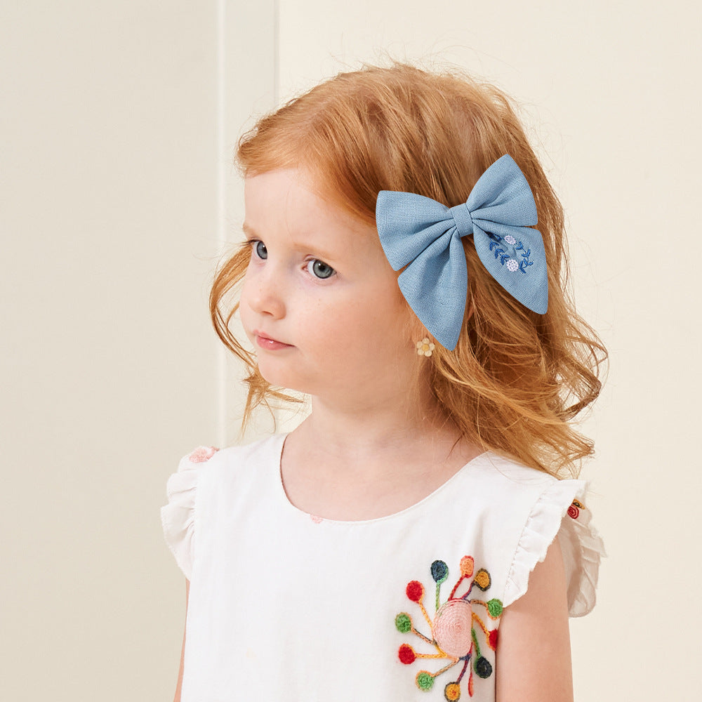 Embroidered Flower Barrettes Handmade Fabric Bow Girls Hair Accessories