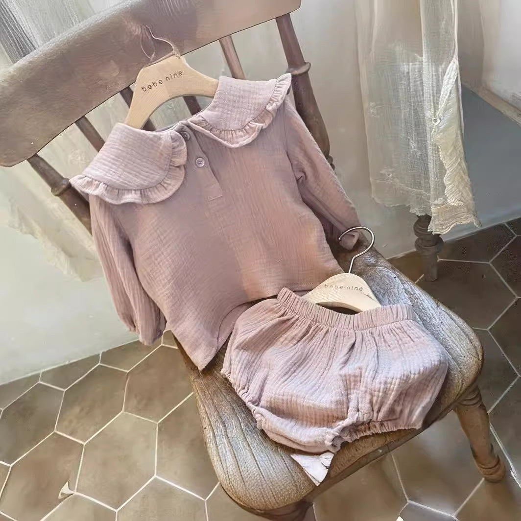 Baby Neutral Linen Style Pull Over Collared blouse and matching bloomer outfit