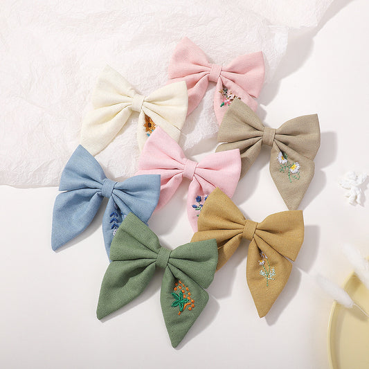 Embroidered Flower Barrettes Handmade Fabric Bow Girls Hair Accessories