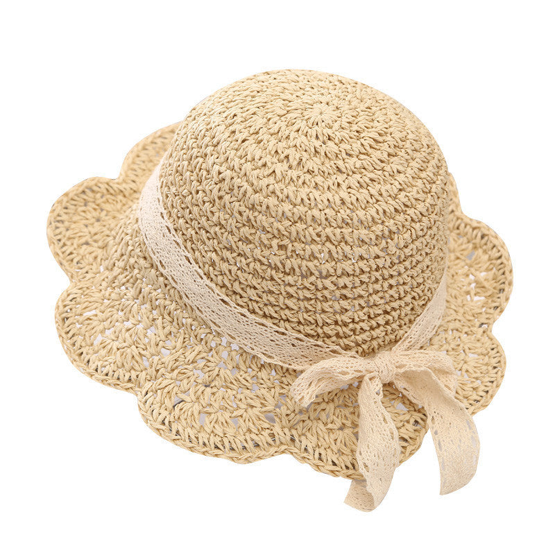 Summer Sunshade Big Brim Sun-proof Children's Woven Straw Hat with Scallop Trim