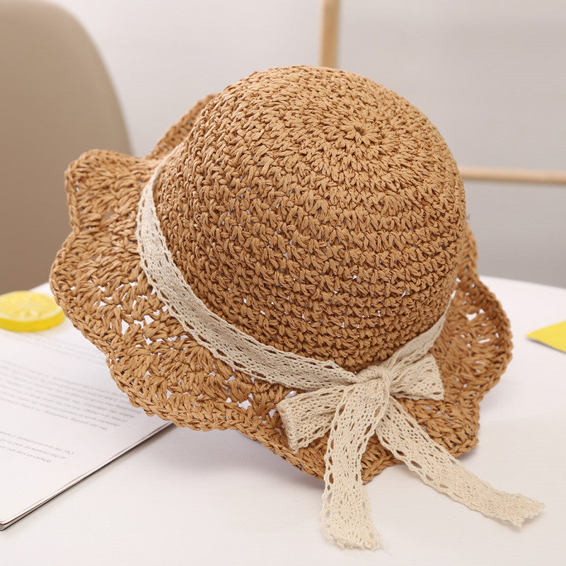 Summer Sunshade Big Brim Sun-proof Children's Woven Straw Hat with Scallop Trim