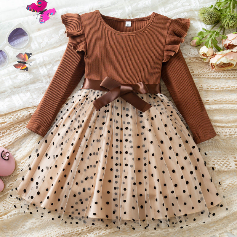 Ribbed Long Sleeve Dot Skirt Mesh Girls Dress Fall and Winter