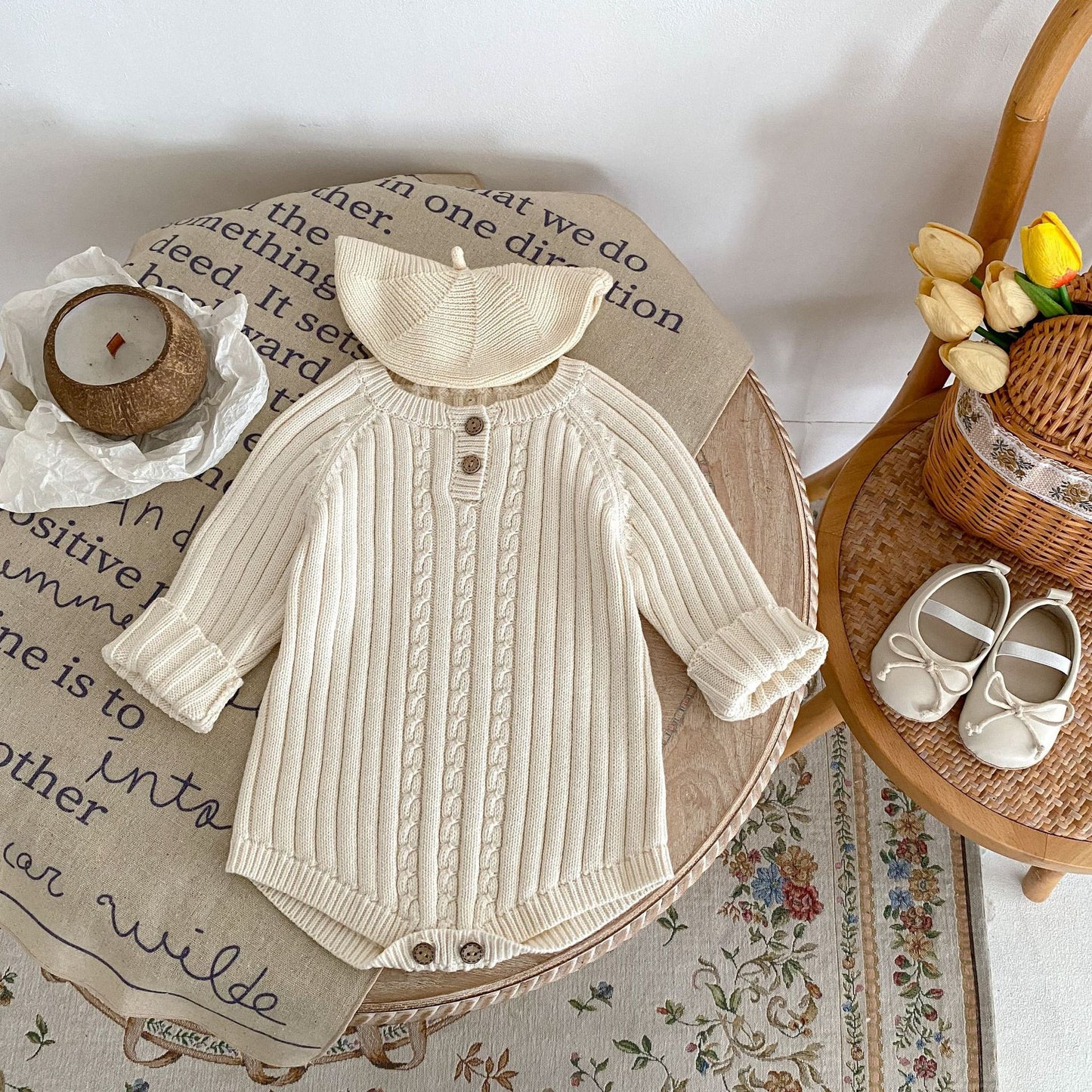 Autumn Baby Round Neck Long Sleeve Knitted Pure Color All-matching Short Climbing Jumpsuit