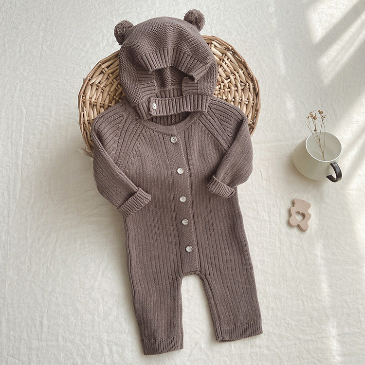 Long One Piece Button Down Rib Knit Baby Bodysuit Sweater with matching beanie
