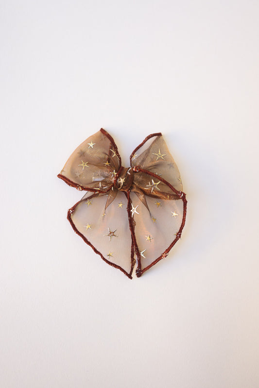 Golden Flocked Autumn Brown Sheer Bow