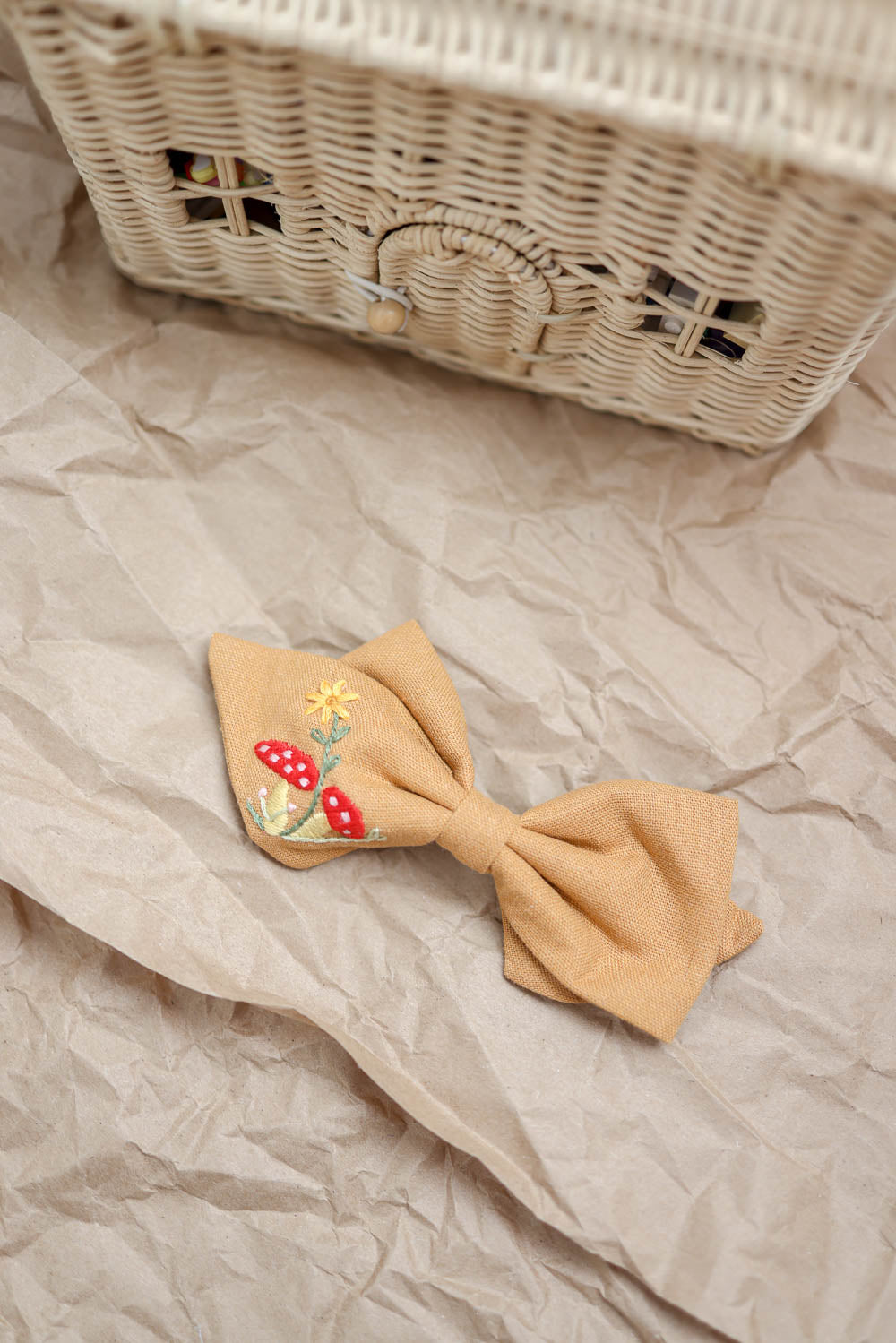 Wonderland Mushroom Embroidered Linen Bow Clip