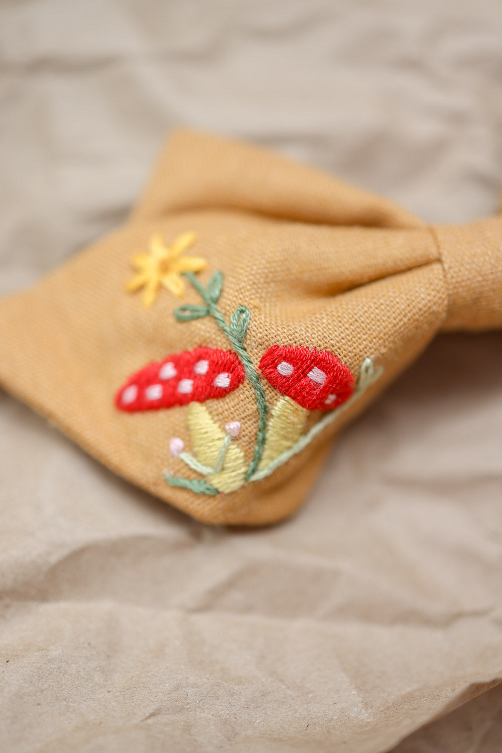 Wonderland Mushroom Embroidered Linen Bow Clip