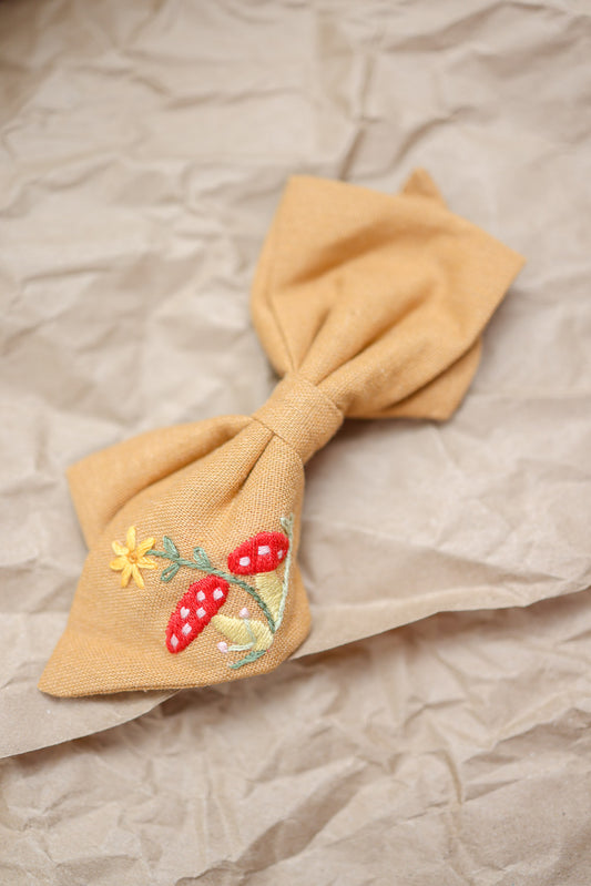 Wonderland Mushroom Embroidered Linen Bow Clip