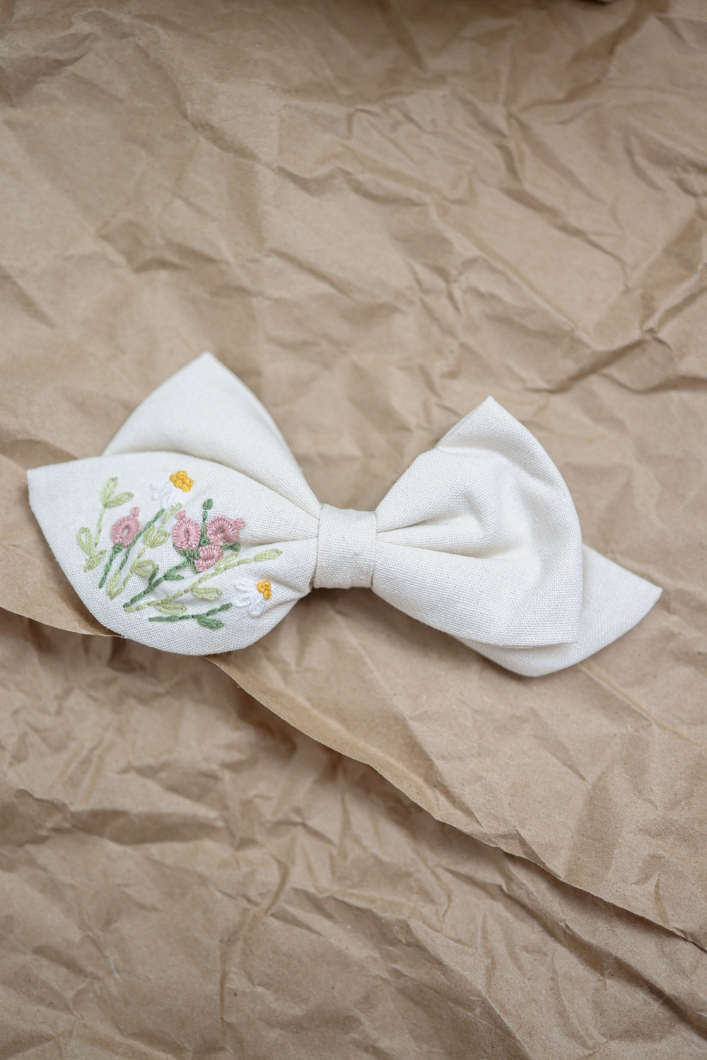 Coquette Embroidered Linen Bow Hair Clip