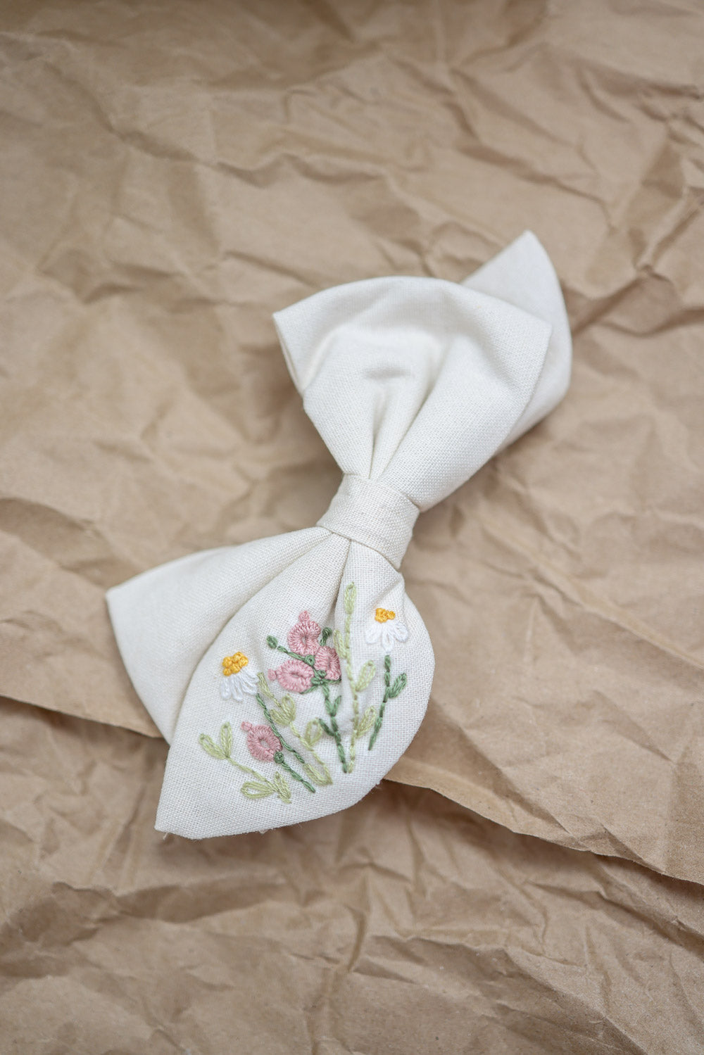 Coquette Embroidered Linen Bow Hair Clip