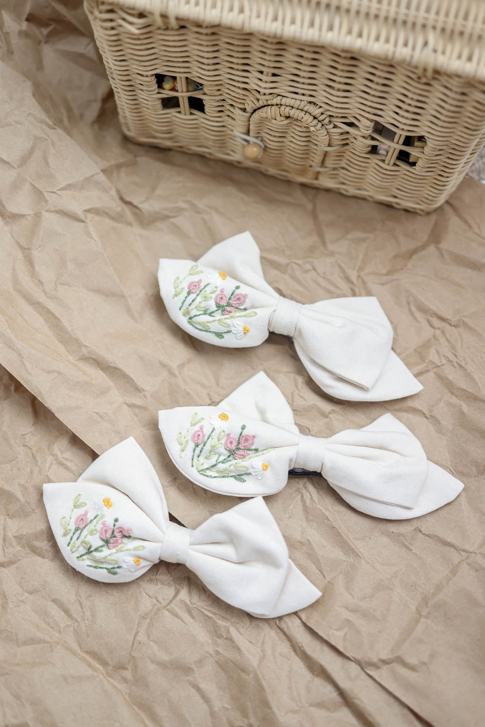 Coquette Embroidered Linen Bow Hair Clip