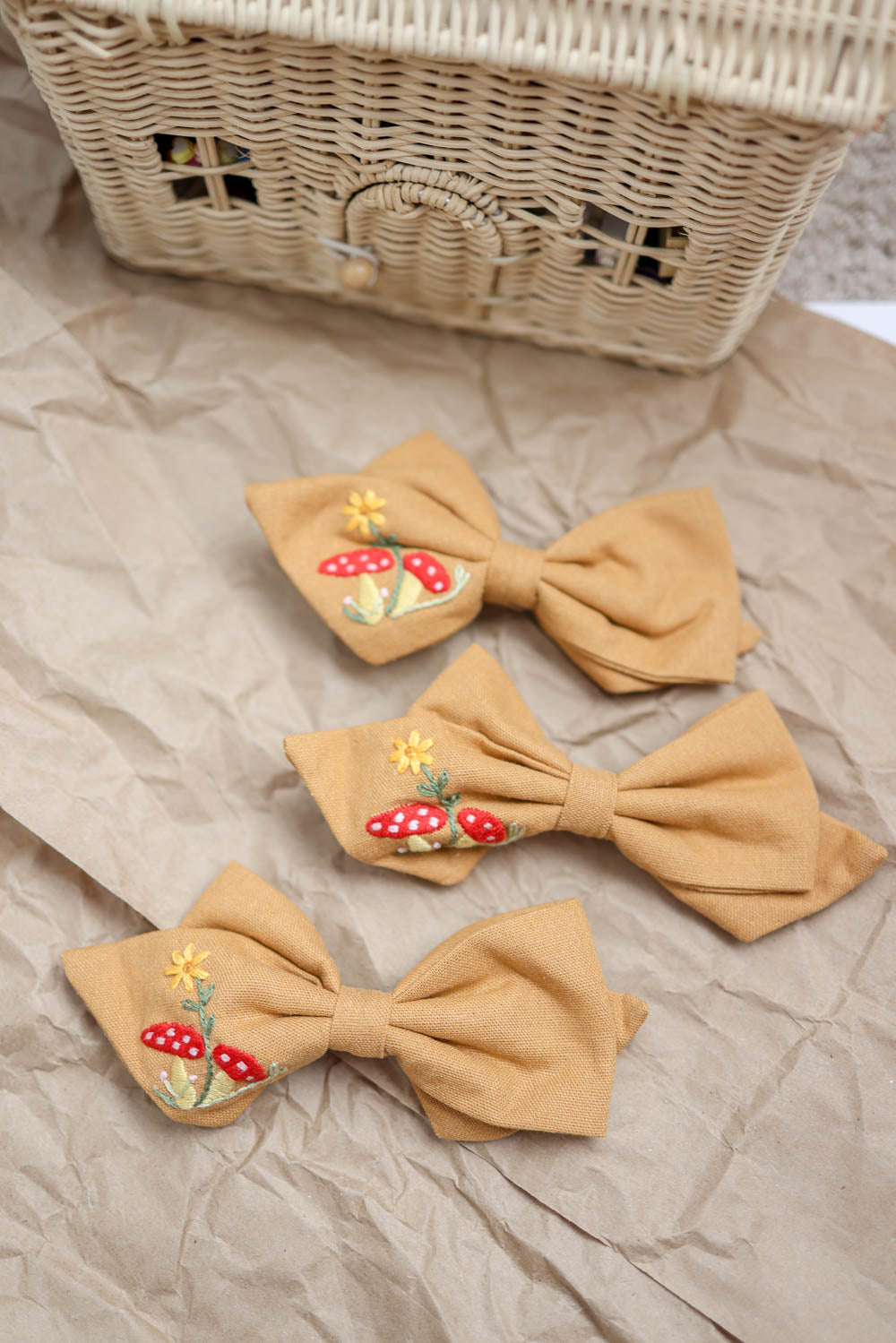 Wonderland Mushroom Embroidered Linen Bow Clip