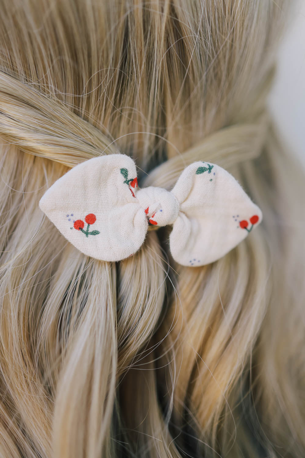 Bunny Knot Bow Cherry Print Elastic Hair Tie