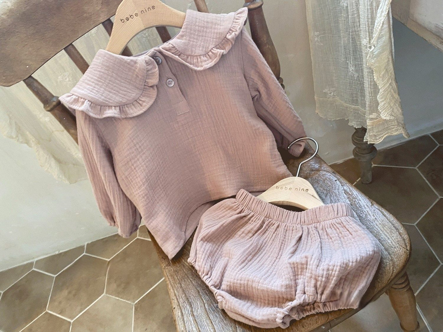 Baby Neutral Linen Style Pull Over Collared blouse and matching bloomer outfit