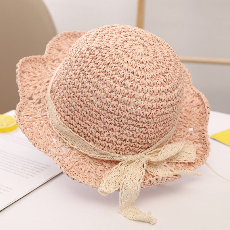 Summer Sunshade Big Brim Sun-proof Children's Woven Straw Hat with Scallop Trim