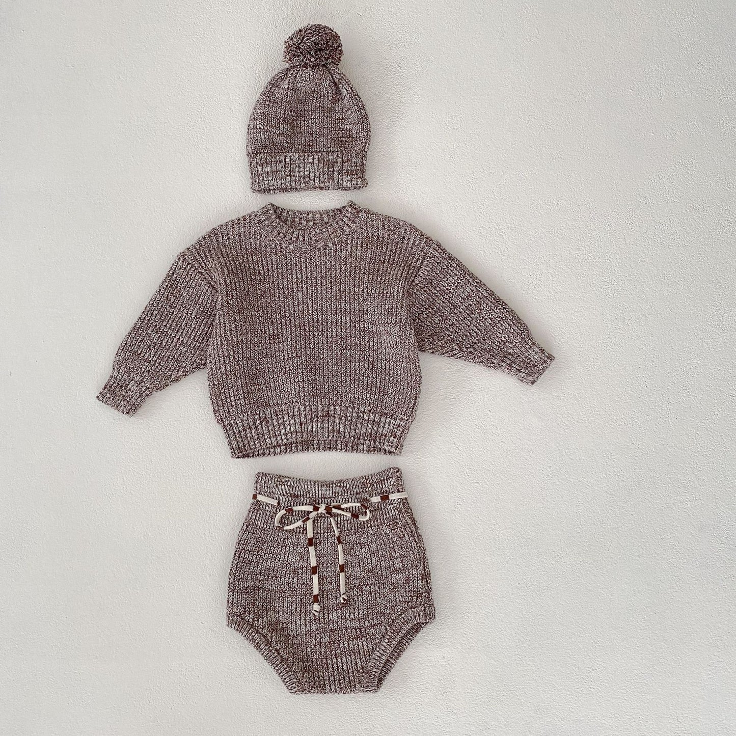 3 Piece Knit Baby Pull over sweater with matching Baby bloomer and Beanie