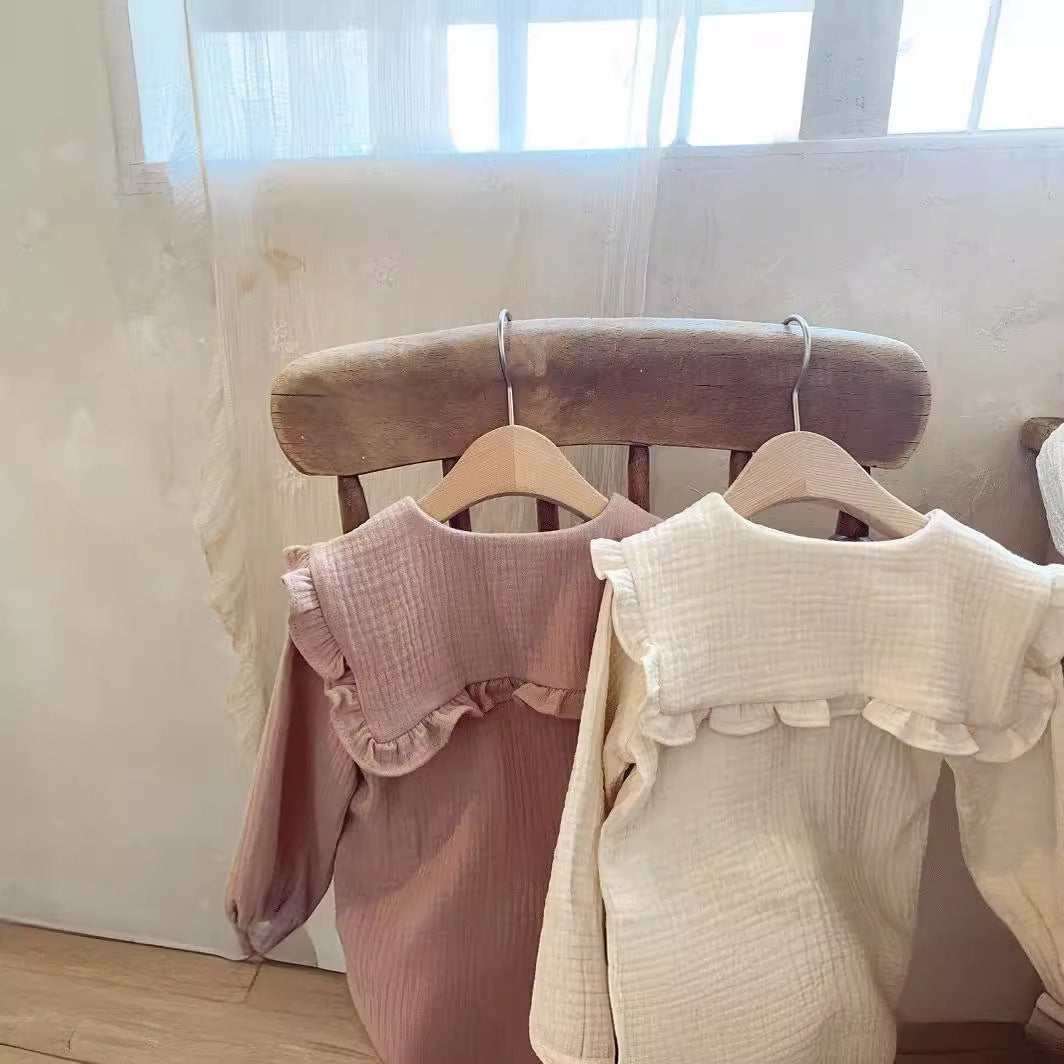 Baby Neutral Linen Style Pull Over Collared blouse and matching bloomer outfit