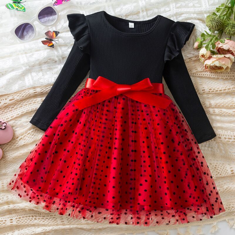 Ribbed Long Sleeve Dot Skirt Mesh Girls Dress Fall and Winter