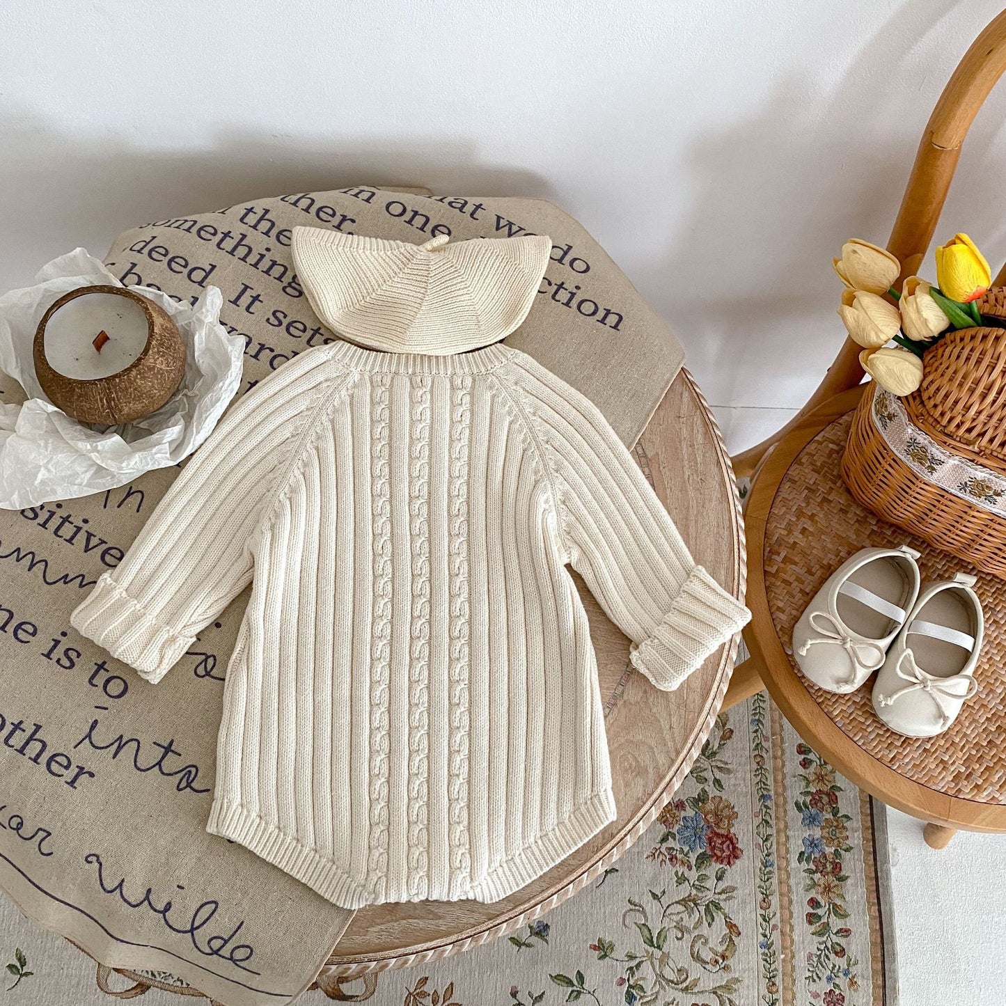 Autumn Baby Round Neck Long Sleeve Knitted Pure Color All-matching Short Climbing Jumpsuit