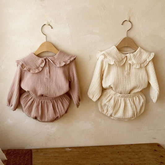 Baby Neutral Linen Style Pull Over Collared blouse and matching bloomer outfit