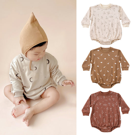 Baby Boys And Girls Print Long Sleeve Crew Neck Romper