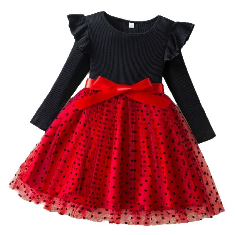Ribbed Long Sleeve Dot Skirt Mesh Girls Dress Fall and Winter